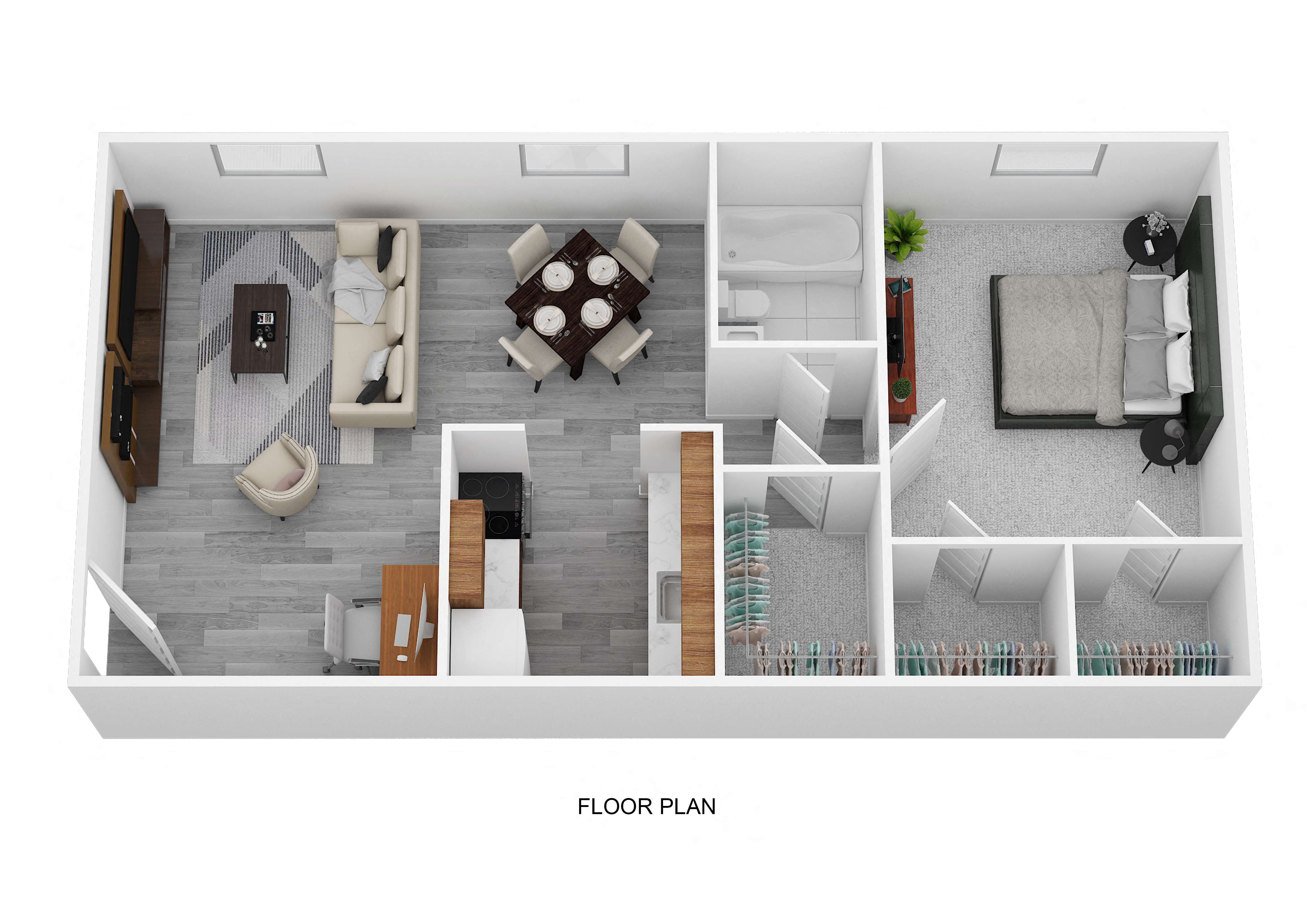 Floor plan for 1 bed, 1 bath, 713 sqft